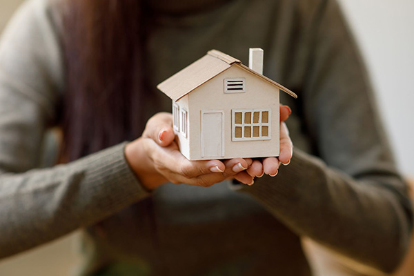 Two hands holding a small wooden house