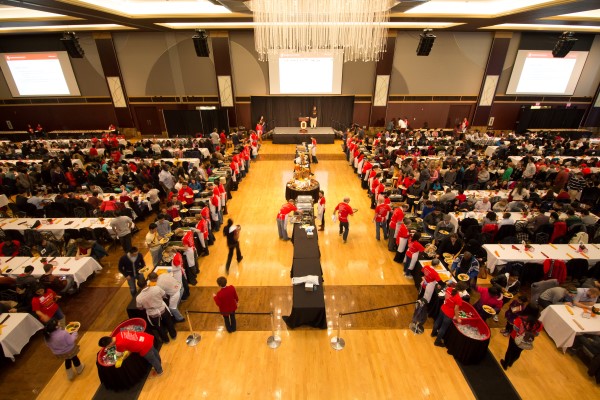 Attendees sit down for Thanksgiving dinner in the Ohio Union