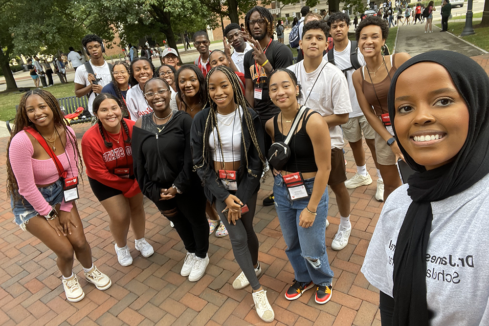 Large group of diverse students at Ohio State take a selfie