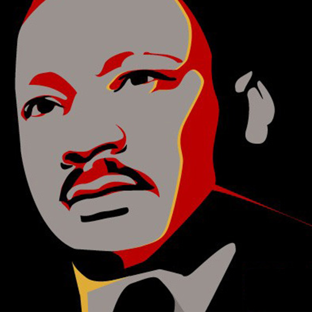 Stylized painting of MLK in red, black, yellow and grey