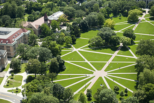 Aerial shot of the South Oval at Ohio State with crisscrossing sidewalks