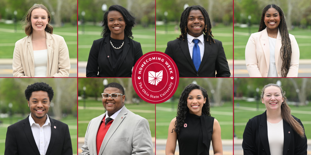 Headshots of the eight ODI Scholars on Homecoming Court with a Homecoming logo in the center