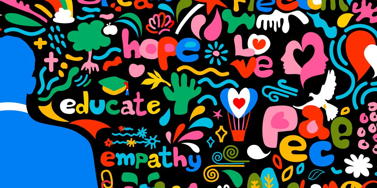 Colorful art with educate, change, hope, empathy, solidarity, peace, freedom and dream.