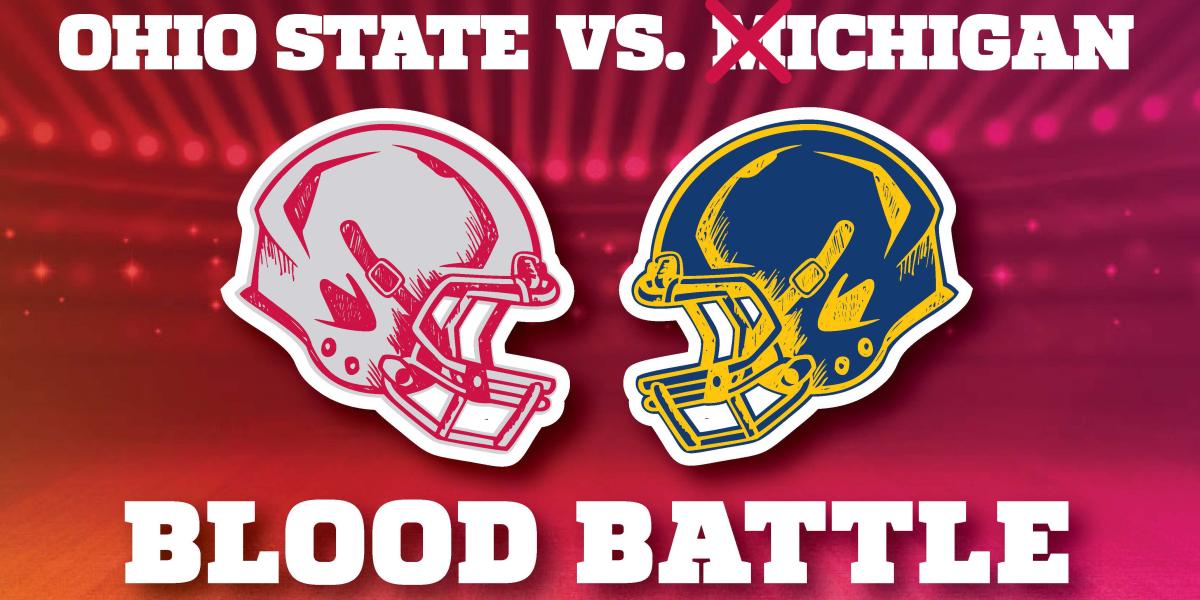 Ohio State vs. Michigan football helmets facing each other for Blood Battle