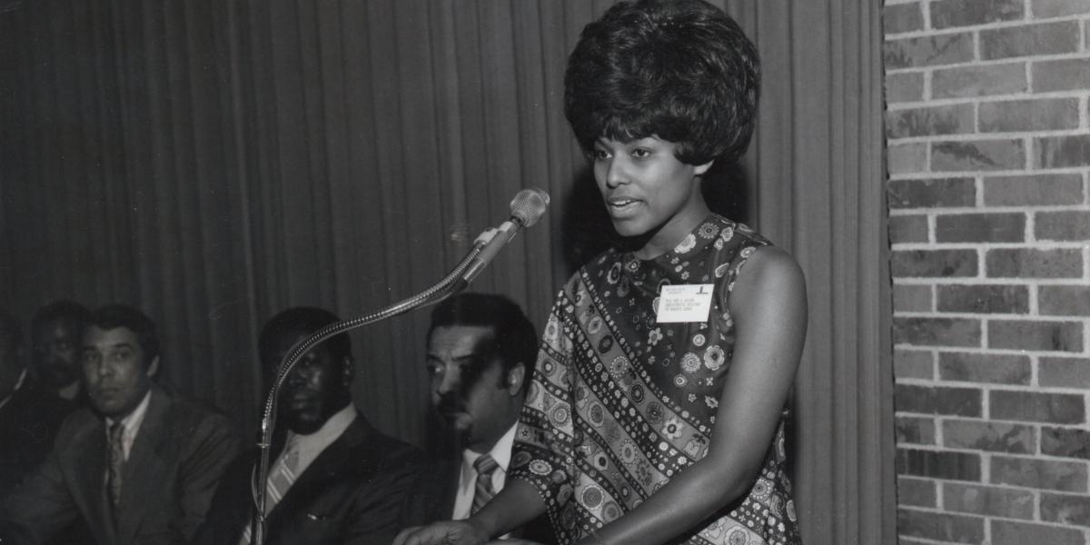 Rose Wilson-Hill, a Black woman, speaking at the Fawcett Center in the 60s or 70s.