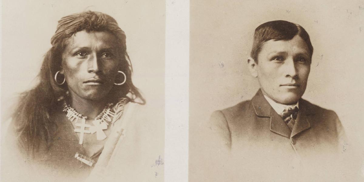 Tom Torlino, a Navajo before and after circa 1882. Hair is cut and native clothing gone.