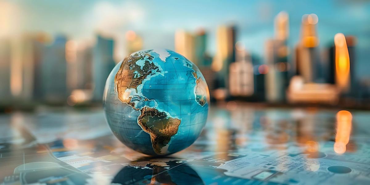 globe floating on a shiny surface with a city skyline in the background