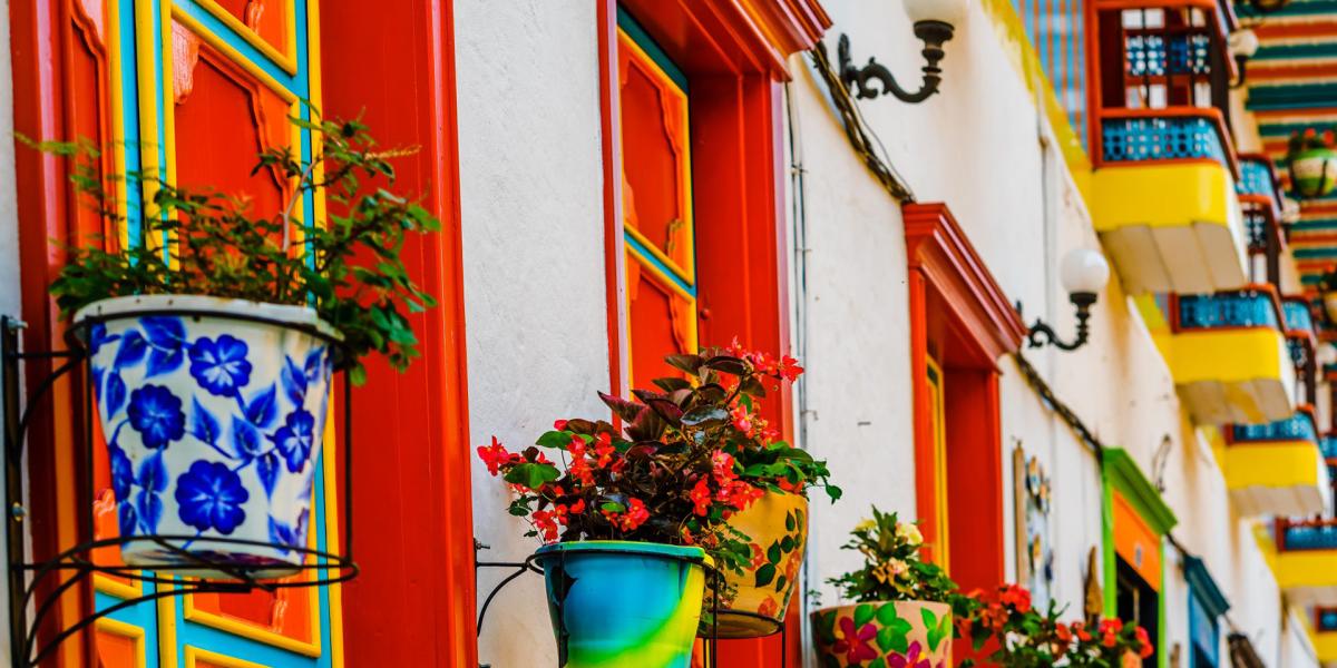 Colorful Latin American houses with vibrant flower posts filled with red flowers