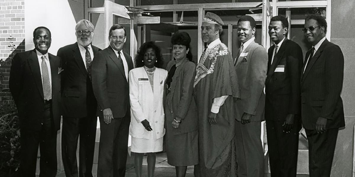 Dignitaries on the steps of the newly named Hale Hall in 1989