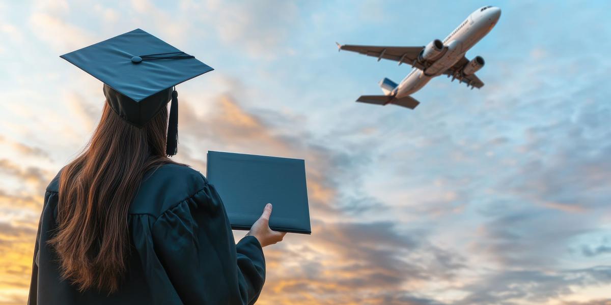 Student holidng a diploma and wearing a cap looks at a plane in the sky