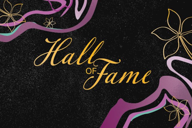 Hall of Fame in Golden script with purple swirls