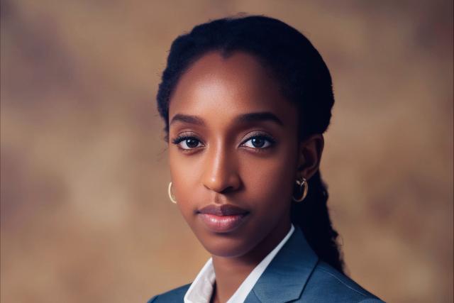 Ama Baba with a braided ponytail and a blue suit jacket