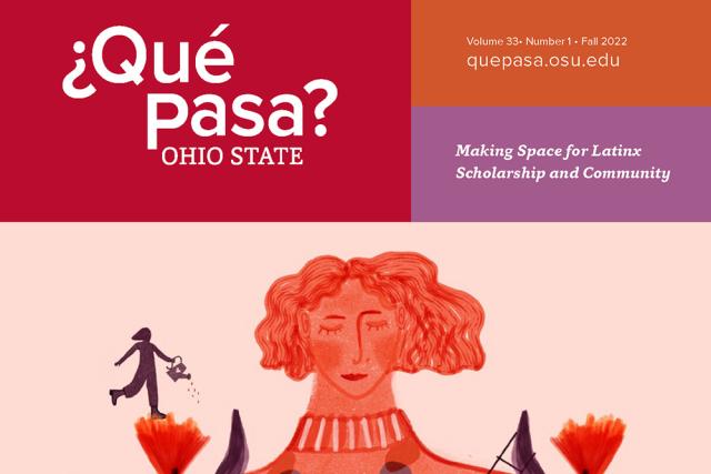 Cover of ¿Qué Pasa, Ohio State? with artwork of woman with flowing hair