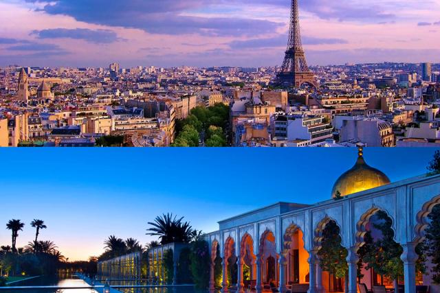 Paris France with Eiffel Tower and Moroccan palace with golden onion dome 