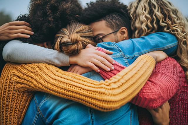 Students stand in a circle for a group hug