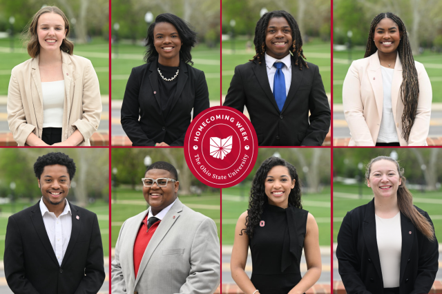 Headshots of the eight ODI Scholars on Homecoming Court with a Homecoming logo in the center