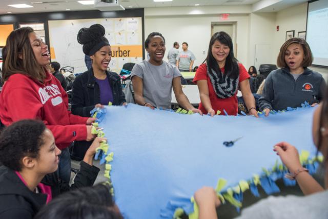 MSP student make a fleece blanket