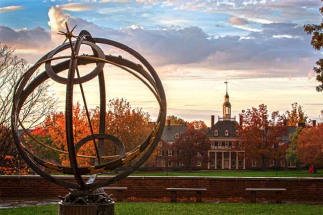 Miami University with metal globe in foreground