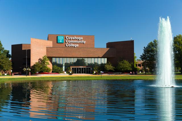 Tri-C west campus with lake and fountain