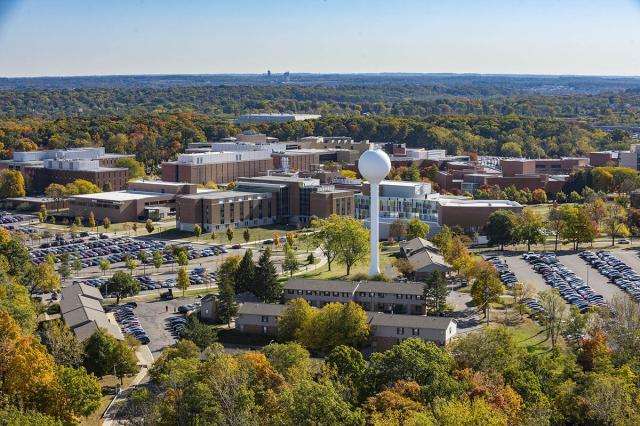 Aerial view of Wright State with a large water tower