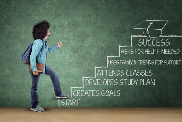 student climbs using steps to success and graduation
