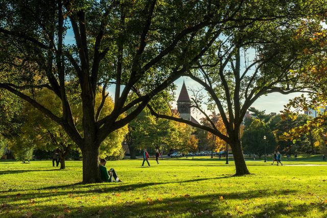 Orton Hall seen through the trees on the ohio state oval