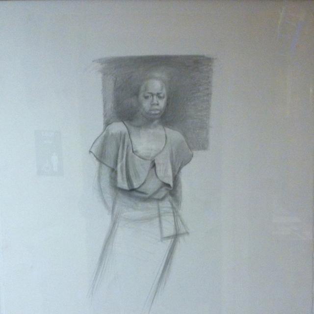 Untitled pencil drawing of a Black women in a flouncy dress