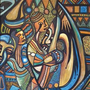 We The People: Stylized painting of a person playing a harp