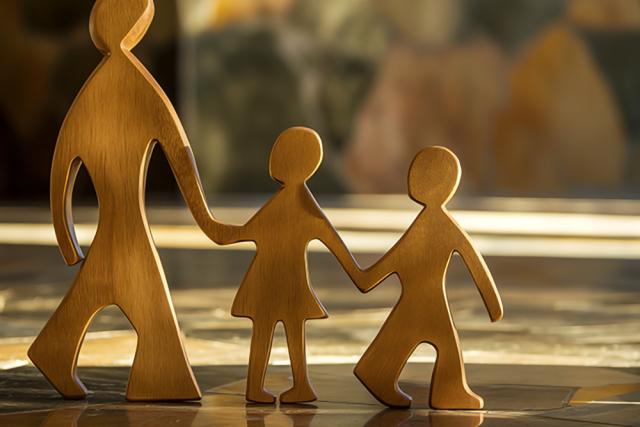 Wooden figurine parent with two children in sunlight