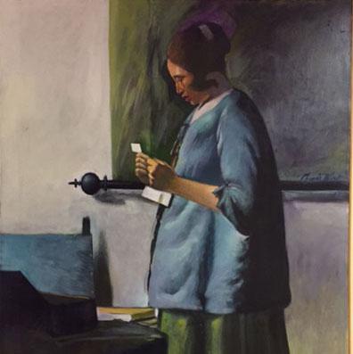 painting of Young Black Woman in a blue tops and green skirt Reading a Letter