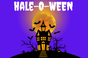 Hale-O-Ween text with a spooky house with bats and a bright yellow moon