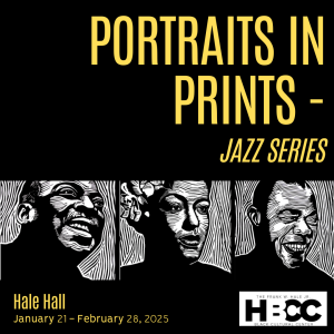 Portraits in Print showing block prints of famous jazz muscians.