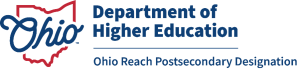 Department of Higher Education Ohio Reach Postsecondary Designation logo with outline of state of ohio
