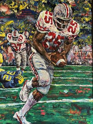 Painting of Todd Bell carrying the football for Ohio State